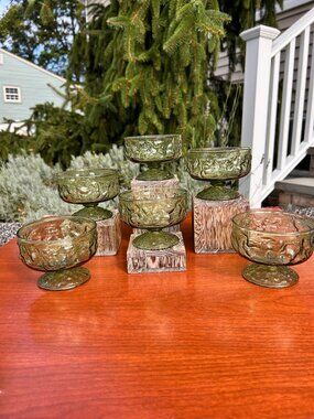 Anchor Hocking Avocado Green Lido Milano Footed Mid Century Sherbet Dish.